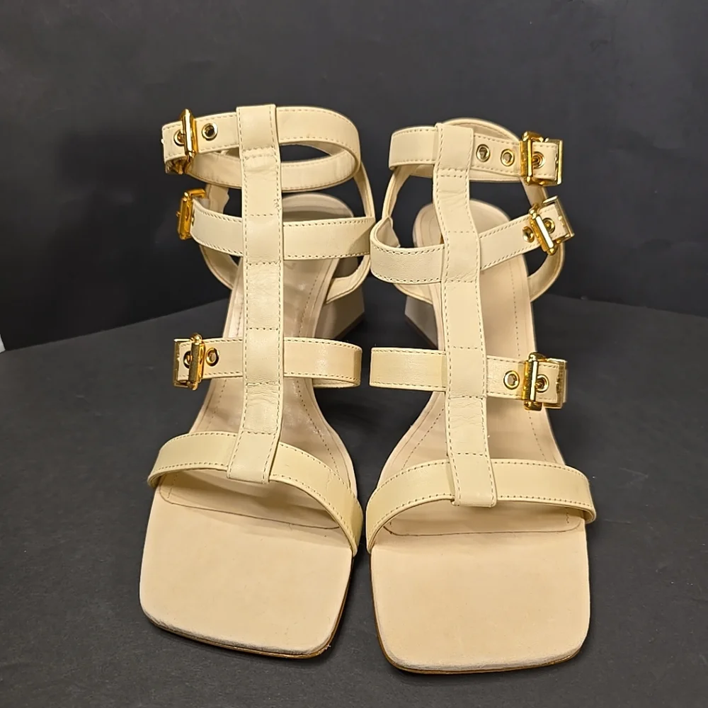 SCHUTZ Yala‎ Block Sandal Womens Size 10 Eggshell Color With Gold Buckles New
